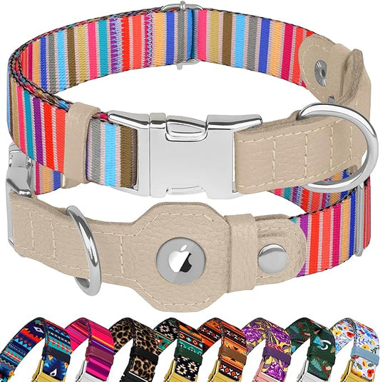 AirTag Dog Collar for Small Medium Large Breed - Adjustable Cute Pattern Dog Collar with Airtag Holder - Soft Leather Tracker GPS Apple Air Tag Pet Collars (X-Small, 9"-12" Neck Fit, Serape)-PurrikoPets