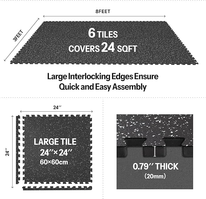 AIRHOP 0.79in Thick 24 Sq Ft Exercise Equipment Mats, 6 Tiles Upgraded Rubber Top with High Density EVA Foam, Large Interlocking Puzzle Gym Flooring for Home Gym, Heavy Weight Workout,Black & White-PurrikoPets
