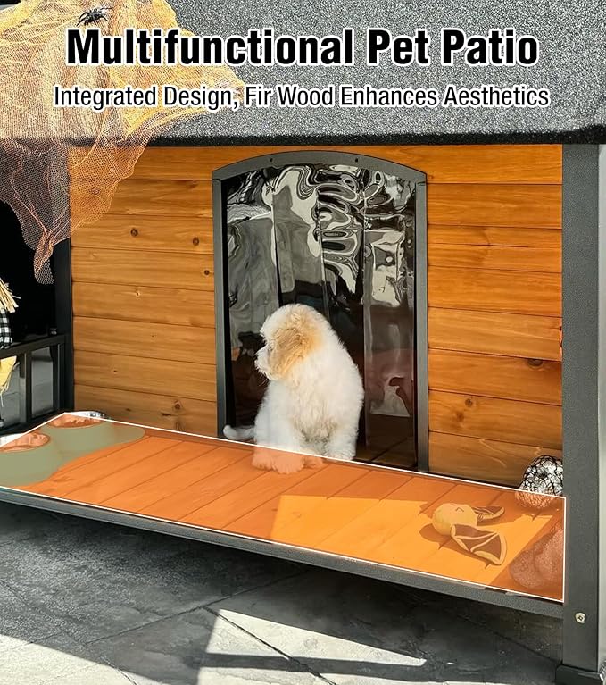 Extra Large Dog House Outdoor for Large Dogs, Insulated Dog House with Metal Frame, Waterproof Dog Shelter with Asphalt Roof, PVC Curtain & Multifunctional Patio, Indoor Outdoor Use-PurrikoPets