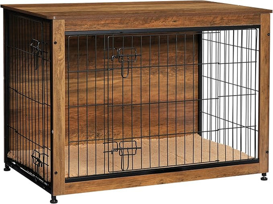 DWANTON Dog Crate Furniture with Cushion, Wooden Kennel Table with Double Doors, Indoor Dog House, Large Size, 38.5" L, Warm Brown-PurrikoPets