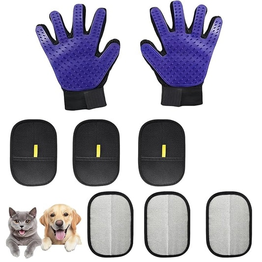 8 Pcs Pet Grooming Gloves for Shedding – 6x Reusable Cat & Dog Hair Removal Gloves+ 1 Pair 2-in-1 Deshedding Brush & Massage Mitt – Safe for Dogs & Cats, Efficient (Blue)-PurrikoPets