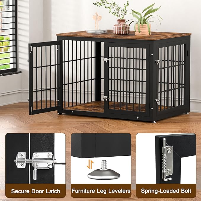 42 Inch Heavy Duty Dog Crate Furniture for Large and Medium Dogs, Decorative Pet House End Table, Wooden Cage Kennel Furniture Indoor, Rustic Brown-PurrikoPets