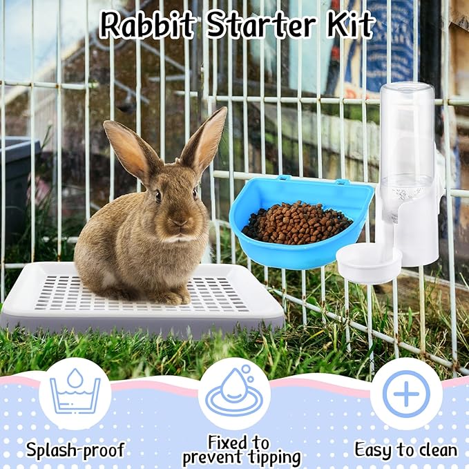 19 Pcs Rabbit Starter Kit Small Bunny Litter Box Animal Grooming Kit Water Bottle Bunny Toys Hay Feeder Bowl Blankets with Cleaning Set for Guinea Pig Rabbit Accessories-PurrikoPets