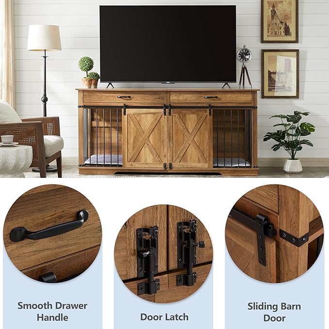 72.5" Extra Large Furniture Style Double Dog Crates for Large Breeds, XXL Wooden Dog Kennel Furniture with Drawers, Divider, Water Resistant & Barn Door for 2 Dogs, Rustic Oak-PurrikoPets