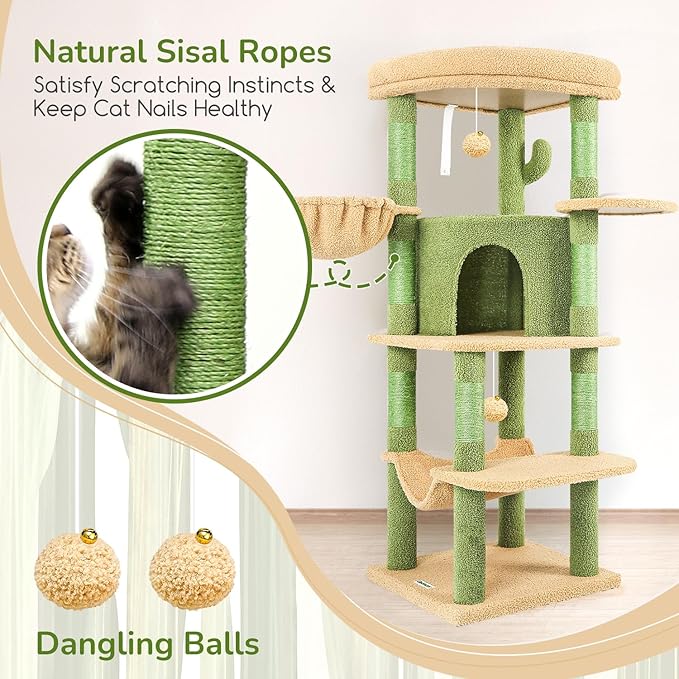 Globlazer Cactus Corner Cat Tree Tower with Scratching Post for Indoor Cats, 51in Multi-Level Cat Condo Tower with Large Hammock, Fan-Shaped Padded Perch, Spacious Cat Cave, Hanging Basket, C51, Green-PurrikoPets