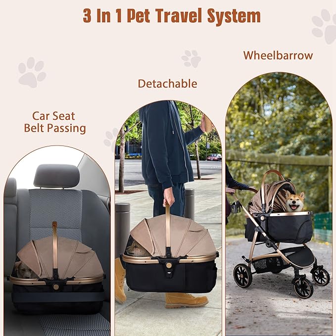 3 in 1 Multifunction Pet Stroller for Small Medium Dogs Cats, No-Zip Dog Stroller with Detachable Carrier & Cup Holder, One-Hand Quick Fold, 4 Wheels Travel Foldable Aluminum Alloy Frame Up to 33 lbs-PurrikoPets