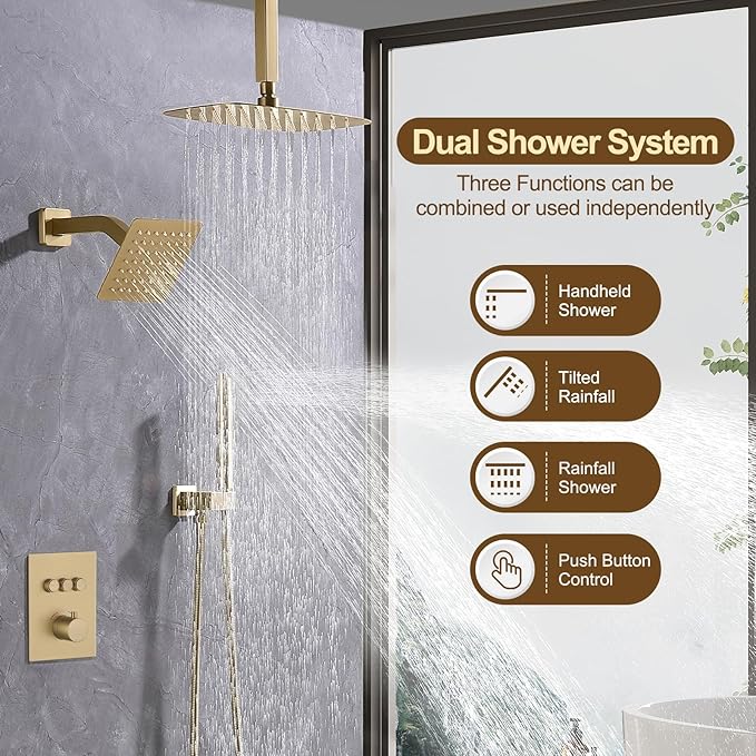 12 Inch Rain Shower System, Brushed Gold Shower Faucet Set with Push Button Diverter, 6 Inch Wall Mounted 3-Functions Bathroom Shower Systems with Dual-Function Handheld (Thermostatic, Gold Brushed)-PurrikoPets