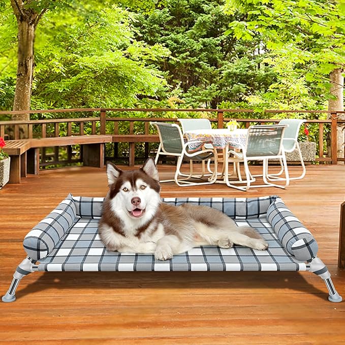 Elevated Raised Dog Bed Cot - Cooling Raised Dog Bed with Bolster Portable Washable Pet Hammock with Pillows & Metal Frame for Indoor & Outdoor, Large-PurrikoPets
