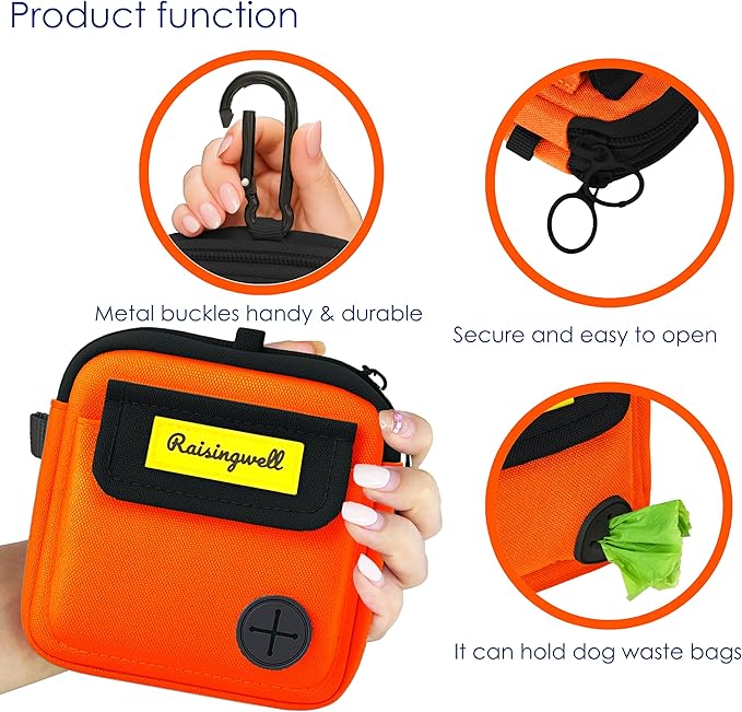 Dog Treat Pouch for Pet Walking and Training with Clicker Poop Bags, and Three Bags Design Small Fanny Zipper Pack Holder for Puppy Snack Dispenser Kit for Leash and Outdoor Use (Orange)-PurrikoPets