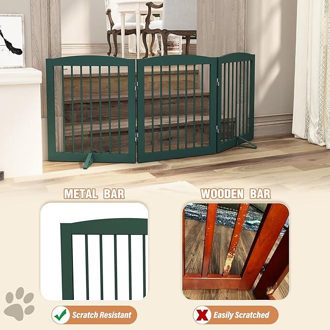 Freestanding Pet Gate for Dogs, Foldable Wooden Dog Gate for House, Indoor Dog Gate for Doorways, Stairs, Step Over Pet Puppy Safety Fence, Support Feet Included,24" Height 3 Panels,Green-PurrikoPets