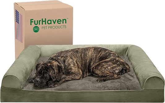 Furhaven Orthopedic Dog Bed for Large Dogs w/ Removable Bolsters & Washable Cover, For Dogs Up to 125 lbs - Faux Fur & Velvet Sofa - Dark Sage, Jumbo Plus/XXL-PurrikoPets