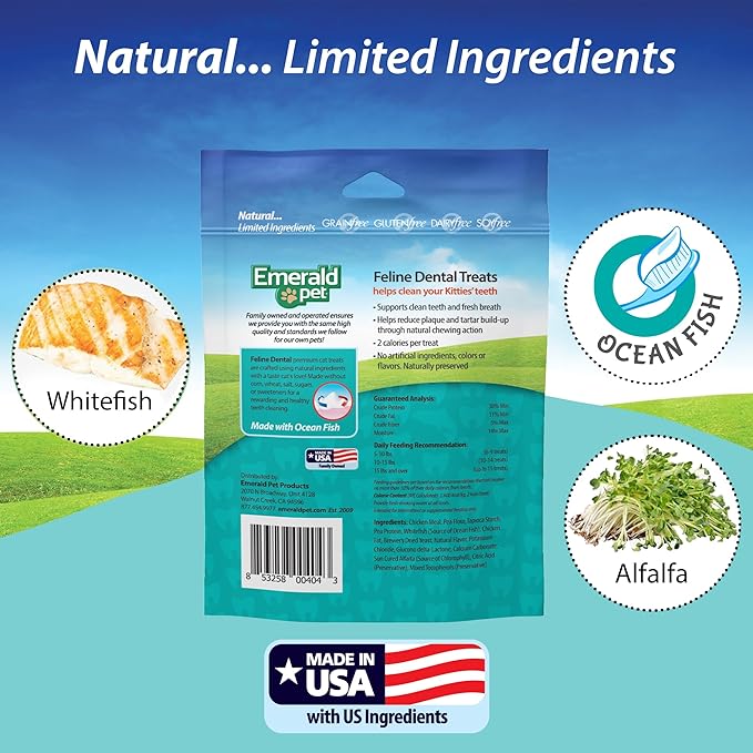 Feline Dental Treats — Tasty and Crunchy Cat Dental Treats Grain Free — Natural Dental Treats to Clean Cat Teeth, Freshen Cat Breath, and Reduce Plaque and Tartar Buildup — Ocean Fish Treats, 3 oz-PurrikoPets