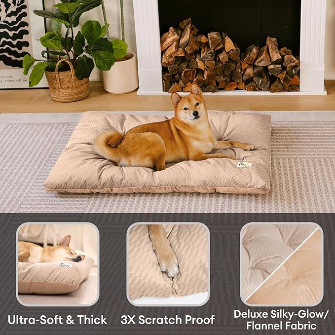 FUNNY FUZZY 2 in 1 Dog Bed Crate Pad Mat, Washable Reversible Pet Floor Mats,Fluffy Kennel Pad for Small Large Sized Dog,Indoor Cats,Sleeping Mattress, 41.7" × 28.3", Beige-PurrikoPets