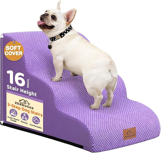 Dog Ramp and Stair for Bed 16" H-20 H,3-Step Cat Stair for Sofa and Chair,4-Step Dog Ramp for High Bed and Window,Durable Nonslip Fabric Stair for Indoor (Purple-16 H, Pet Friendly, 3)-PurrikoPets