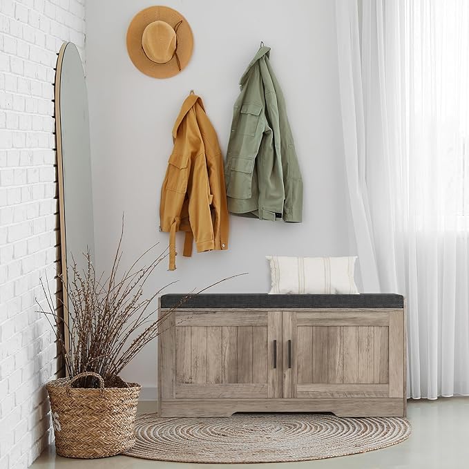 2-Tier Storage Bench, Shoe Bench with Thickened Padded Seat Cushion, Entryway Bench with 2 Doors, Adjustable Shelf, 13.8" D x 37.4" W x 18.5" H, for Entryway, Living Room, Bedroom, Greige-PurrikoPets