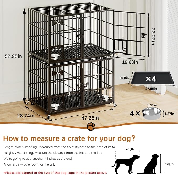 aboxoo 48 inch Stackable Heavy Duty Metal Dog Crate for 4 Dogs/Large Dog,All Metal Open Top Access,Escape Proof Cage,Dog Kennel Indoor with Wheels,Floor Grid, Tray, Divider and Feeding Bowl-PurrikoPets