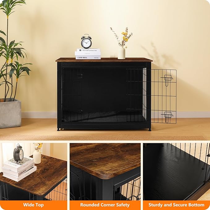 DWANTON Dog Crate Furniture with Cushion, Wooden Kennel Table with Double Doors, Indoor Dog House, Large Size, 38.5" L, Black+Rustic Brown-PurrikoPets