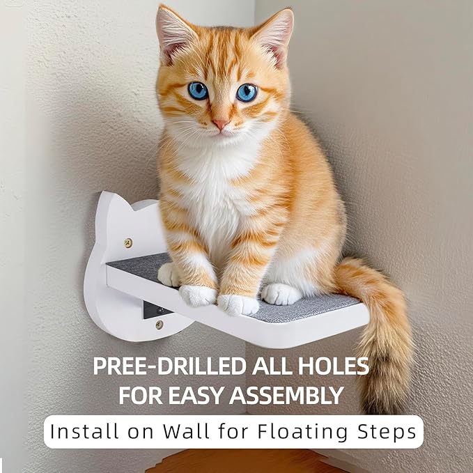 ESPETS White Painted Wooden Cat Wall Floating Steps Set of 3 - Wall Mounted Cat Floating Furniture Shelves and Perches, Sturdy Climber Stairs Ladders - Holds up 30lbs-PurrikoPets