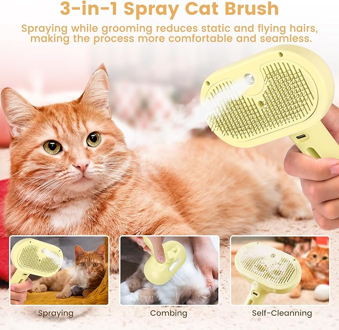 3 in 1 Cat Steam Brush, Pet Spray Hair Removal Comb for Shedding & Grooming, Water Brush for Cats Dogs Small Animals Long Short Haired with One-Click Release Button(Yellow)-PurrikoPets