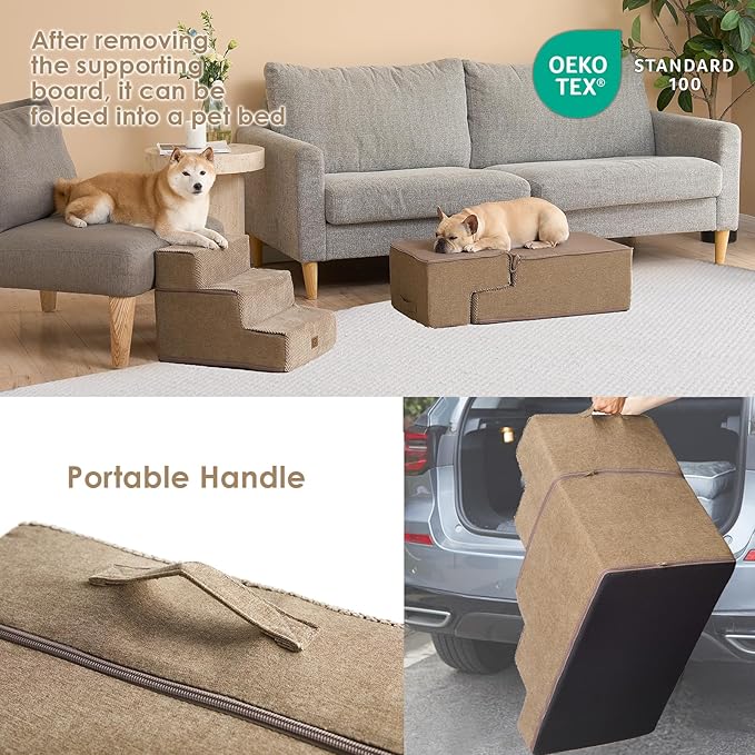 EHEYCIGA Dog Stairs for Bed 18" H, 4-Step Dog Steps for High Bed, Pet Steps for Small Dogs and Cats, Non-Slip Balanced Pet Ramp Indoor, Camel-PurrikoPets