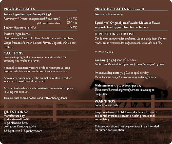 Equithrive Original Joint Supplement Powder with Resveratrol and Hyaluronic Acid for Horses, Equine Care, Molasses Flavor, 2 lbs-PurrikoPets