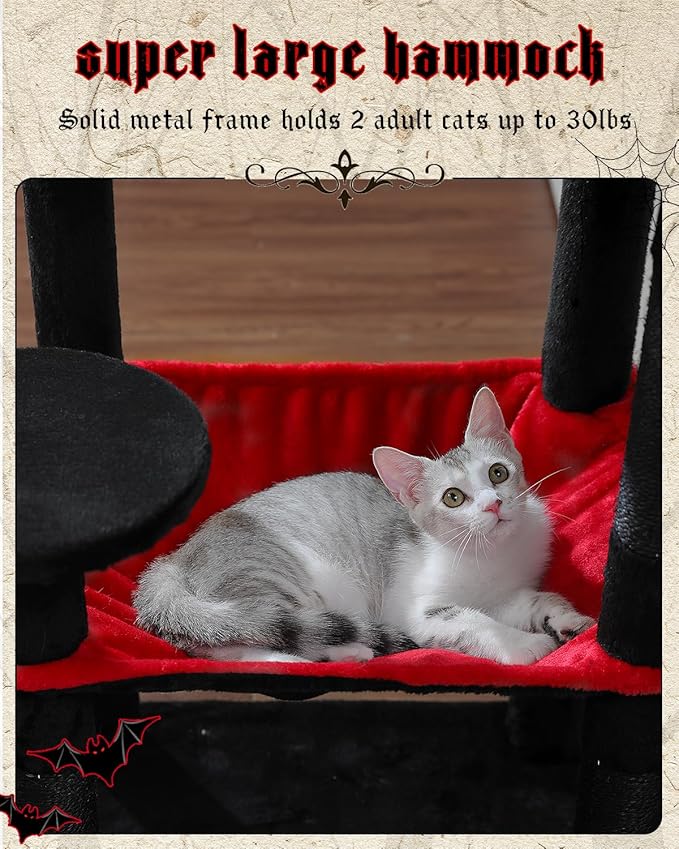 Gothic Cat Tree with Super Large Hammock, 56.3" Black Cat Tower with Coffin Bed, Cat Condo, Sisal Scratching Posts & Top Perch, Multi-Level Goth Cat Tree, Halloween, Black-PurrikoPets