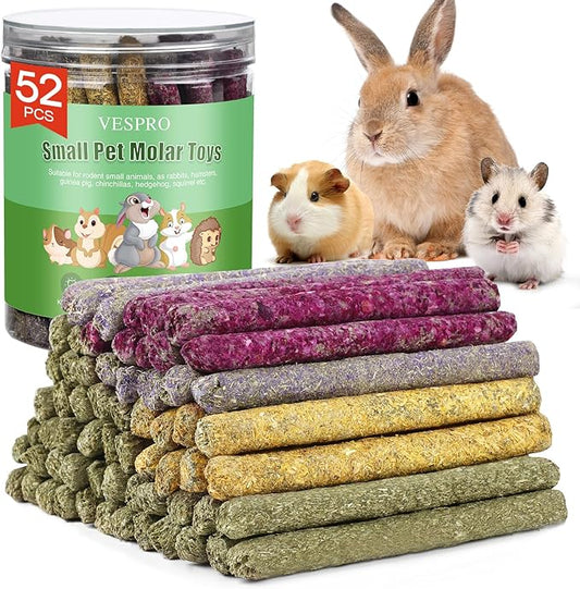 52Pcs Rabbit Chew Sticks, Guinea Pig Toys, Natural Timothy Grass Molar Teeth Stick, Mixing Flowers, Roses, Calendula and Forget Me Not, Small Animals Treats-PurrikoPets
