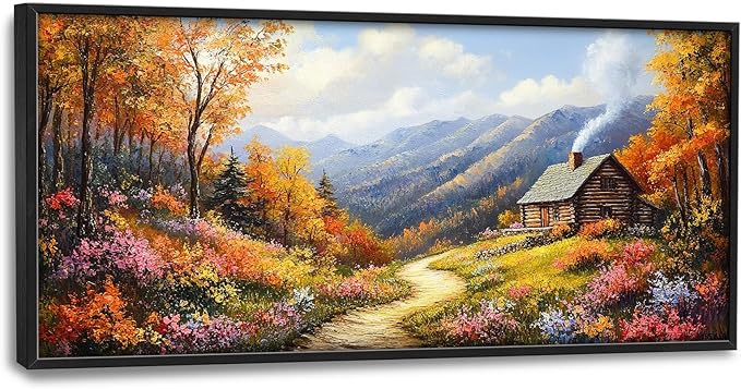 Framed Large Autumn Mountain Wall Art for Living Room, Oversized Wildflower Tree Wall Decor Nature Landscape Canvas Painting Modern Artwork Home Decoration for Living Room Bedroom 60"x30"-PurrikoPets