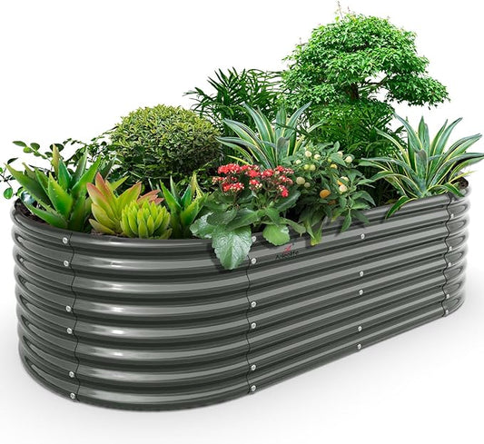 A ANLEOLIFE 8x4x2ft Galvanized Raised Garden Bed Kit, Oval Metal Deep Root Planters for Outdoor Plants Vegetables Flowers Herb, Large Bottomless, 478 Gallon Capacity- Quartz Grey-PurrikoPets