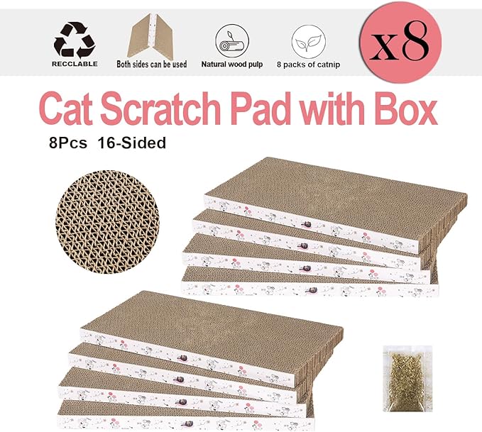 8 Packs in 1 Cat Scratch Pad, Cat Scratcher Cardboard,Reversible,Durable Recyclable Cardboard, Premium Scratch, Suitable for Cats to Rest, Grind Claws and Play-PurrikoPets