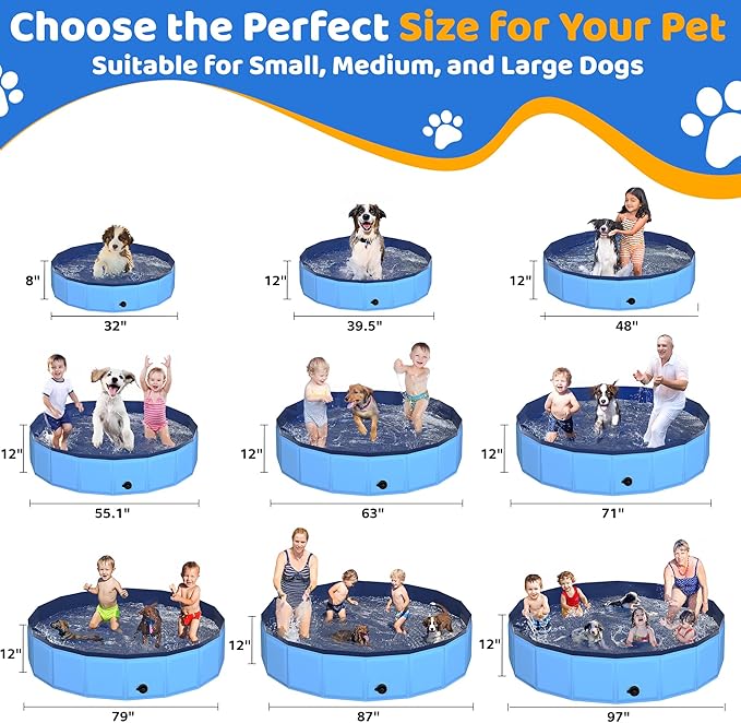 87" x 12" Foldable Dog Pool - Collapsible Hard Plastic Kiddie Pool for Dogs & Kids, Non-Slip Pet Bath Tub for Outdoor Backyard Use, Lightweight & Portable (Blue)-PurrikoPets