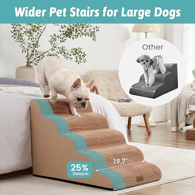 Extra Wide Dog Stairs 19.7" Width, Large Pet Step for Small Medium Dog, Puppy or Cat, Ramp for High Bed or Car, High Density Foam Ladder, Stable, 5 Step, 19.7x33x22.4 inch, Light Brown-PurrikoPets