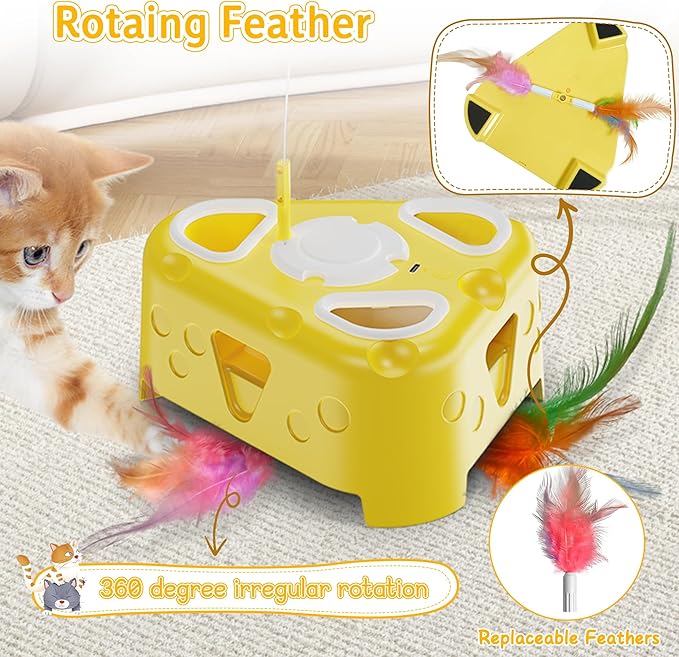 3-in-1 Interactive Cat Toy for Indoor Cats,Automatic Kitten Toys,Flying Bird,6 Holes Mole,Rotating Feather, USB Rechargeable Electronic Interactive Feather Toy for Bored Adult & Kitten Cats-PurrikoPets