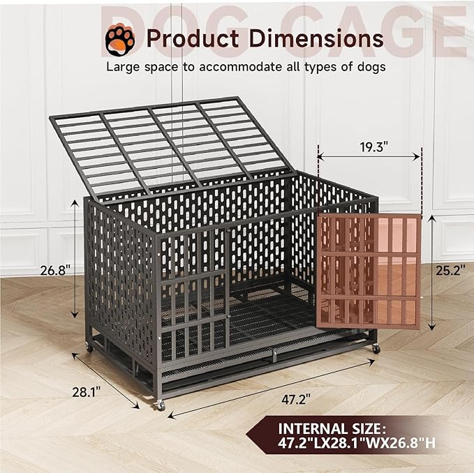 48/42 Inch Heavy Duty Indestructible Dog Crate Steel Escape Proof, Indoor Double Door High Anxiety Cage, Kennel with Wheels, Removable Tray, Extra Large XL XXL-PurrikoPets