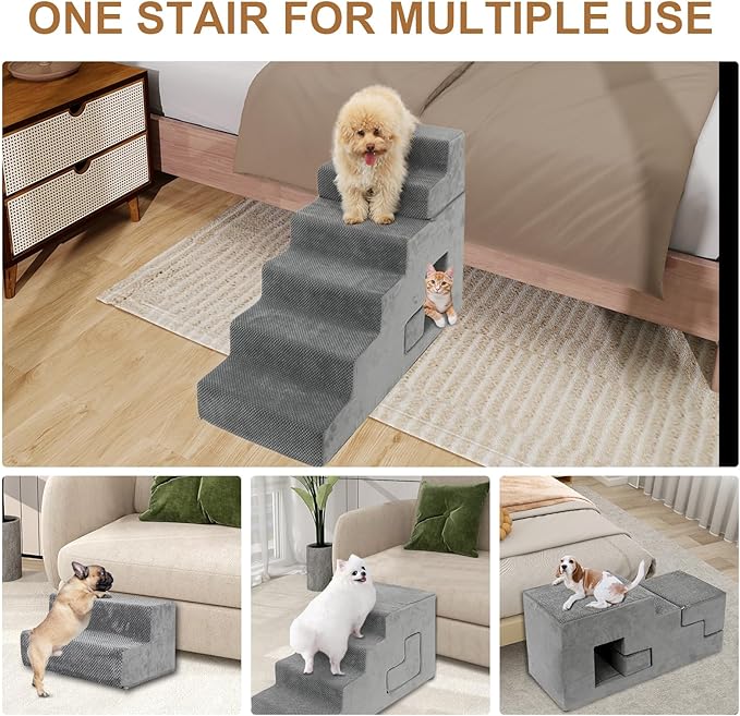 Dog Stairs for Small Dogs 27”H, 6-Step Dog Steps for High Bed, High-Density Foam Pet Stairs with Non-Slip Removable Washable Cover to Get on Bed(Grey)-PurrikoPets