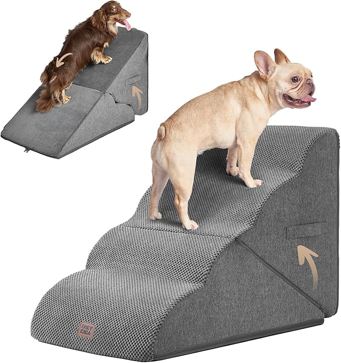 EHEYCIGA Curved Foldable Dog Stairs Ramp for High Beds 19.7" H, 4-Step Dog Steps for Small Dogs and Cats, Pet Stairs for High Bed Climbing, Non-Slip Balanced Pet Step Indoor, Grey-PurrikoPets
