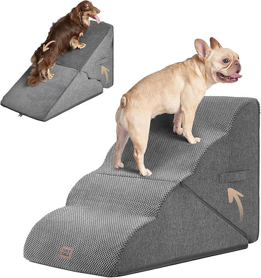 EHEYCIGA Curved Foldable Dog Stairs Ramp for High Beds 19.7" H, 4-Step Dog Steps for Small Dogs and Cats, Pet Stairs for High Bed Climbing, Non-Slip Balanced Pet Step Indoor, Grey-PurrikoPets
