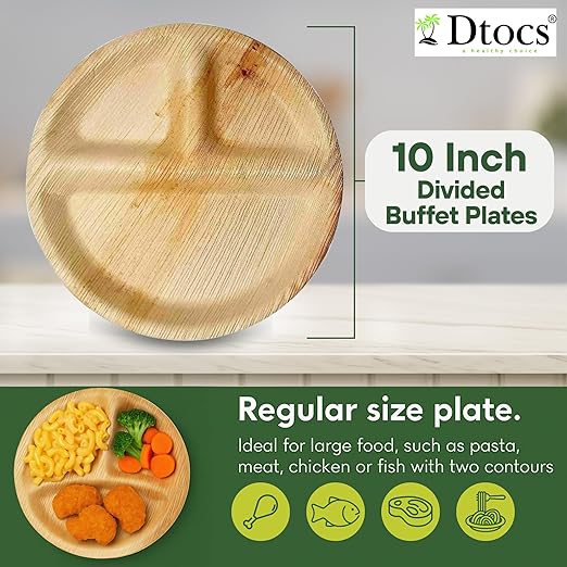 Dtocs 3 Compartment Plates (50 Pc) Palm Leaf 10 Inch Round Portion Control Buffet Sectional Plate | Bamboo Plates Disposable Like Compostable Camping Dinnerware Stronger than Divided Paper, Styrofoam-PurrikoPets