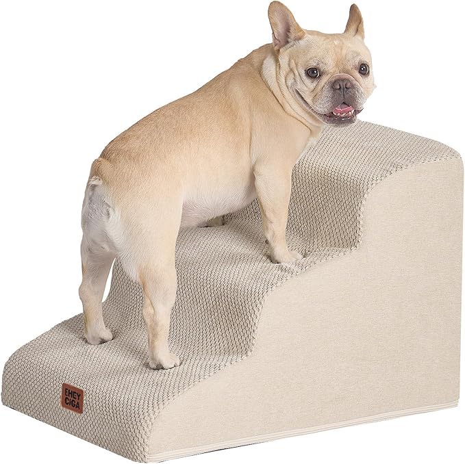 EHEYCIGA Curved Dog Stairs Ramp for Small Dogs 15.7" H, 3-Step Dog Steps for Couch Sofa and Chair, Pet Stairs for Cats, Non-Slip Balanced Pet Steps Indoor, Beige-PurrikoPets