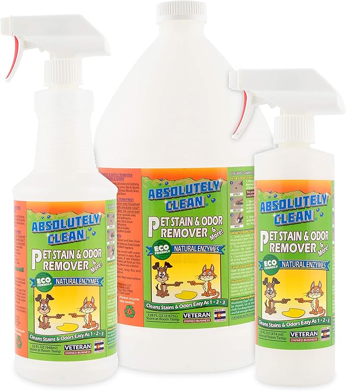 Absolutely Clean Amazing Pet Odor Eliminator for Home, Professional Strength: Natural Enzymes Remove Most Stains in 60 Seconds -Dog/Cat Urine, Vomit, Bile, Feces, Grass, Blood, Drool, More -USA Made-PurrikoPets
