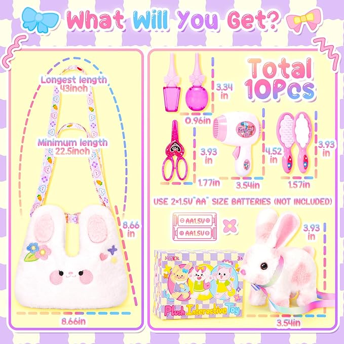 Easter Bunny Toys for Kids with Crossbody Bags, Easter Basket Stuffers Interactive Hopping Wiggle Ears Rabbit Toy, Pretend Play Robot Pet Care Cute Stuff for Girls Trip Plushies Birthday Gifts-PurrikoPets