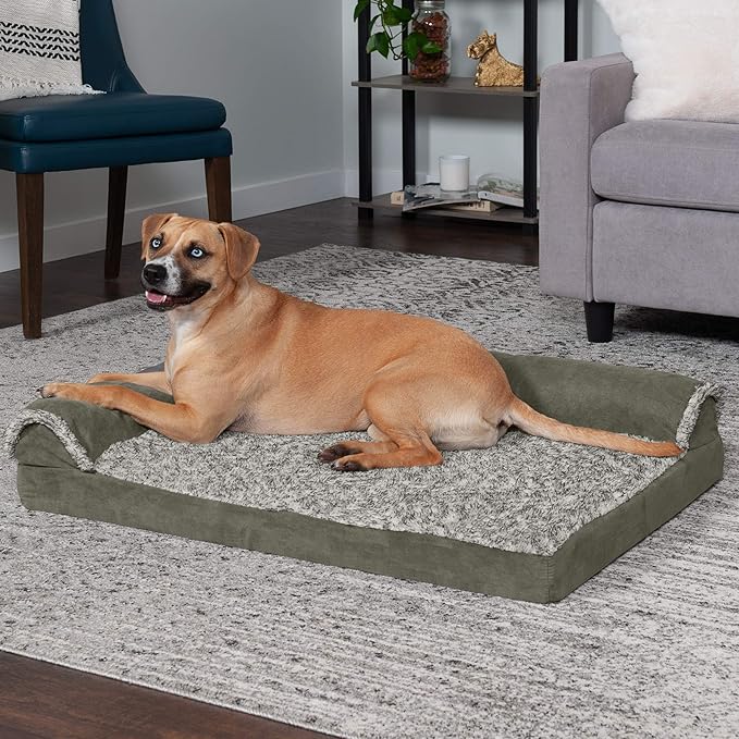 Furhaven Cooling Gel Dog Bed for Large/Medium Dogs w/ Removable Bolsters & Washable Cover, For Dogs Up to 55 lbs - Two-Tone Plush Faux Fur & Suede L Shaped Chaise - Dark Sage, Large-PurrikoPets