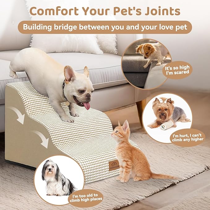 Dog Ramp and Stair for Bed 16" H-20 H,3-Step Cat Stair for Sofa and Chair,4-Step Dog Ramp for High Bed and Window,Durable Nonslip Fabric Cover for Indoor (Beige-16 H, Pet Friendly, 3)-PurrikoPets
