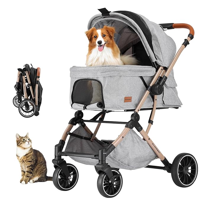 EchoSmile Small Medium Dogs Stroller 4-Wheel Pet Strollers for Medium Dogs Up to 50lbs, One Click Folding Large Cat Stroller, Reversible Handle, Shock Absorbing Wheels, Removable Washable Pad-PurrikoPets