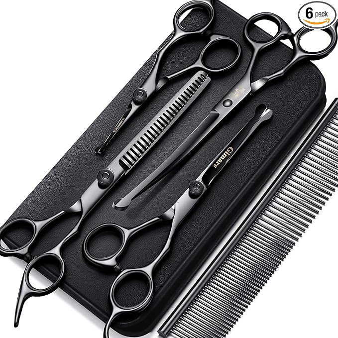 Gimars 7inch Professional 4CR Stainless Steel 6 in 1 Grooming Scissors for Dogs with Safety Round Tip, Heavy Duty Titanium Coated Pet Grooming Scissor for Dogs, Cats and Other Animals-PurrikoPets