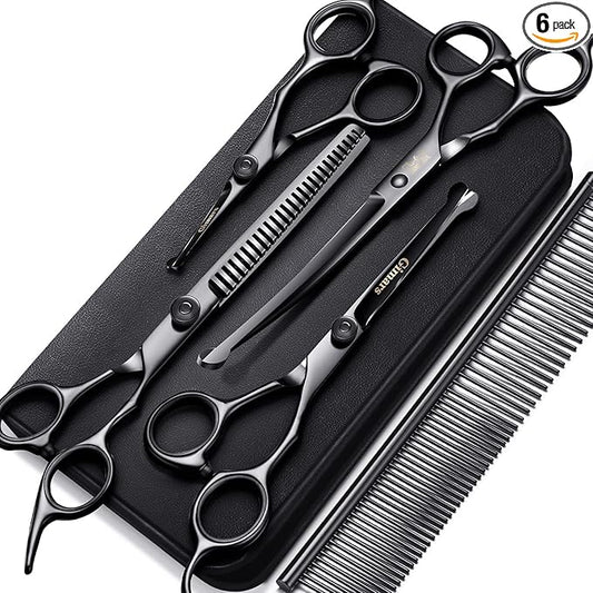 Gimars 7inch Professional 4CR Stainless Steel 6 in 1 Grooming Scissors for Dogs with Safety Round Tip, Heavy Duty Titanium Coated Pet Grooming Scissor for Dogs, Cats and Other Animals-PurrikoPets