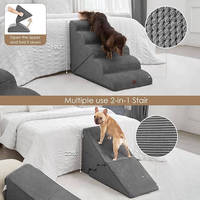 EHEYCIGA Curved Foldable Dog Stairs Ramp for High Beds 22.5" H, 5-Step Dog Steps for Small Dogs and Cats, Pet Stairs for High Bed Climbing, Non-Slip Balanced Pet Step Indoor, Grey-PurrikoPets