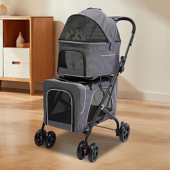 2 Tiers Pet Stroller,4 Wheel Dog Stroller Cat Strollers,3.07lbs Pet Gear Foldable Jogger Travel Cart,Grey Cat Carrying Cart with Storage Basket for Small Medium Pet (Grey)-PurrikoPets