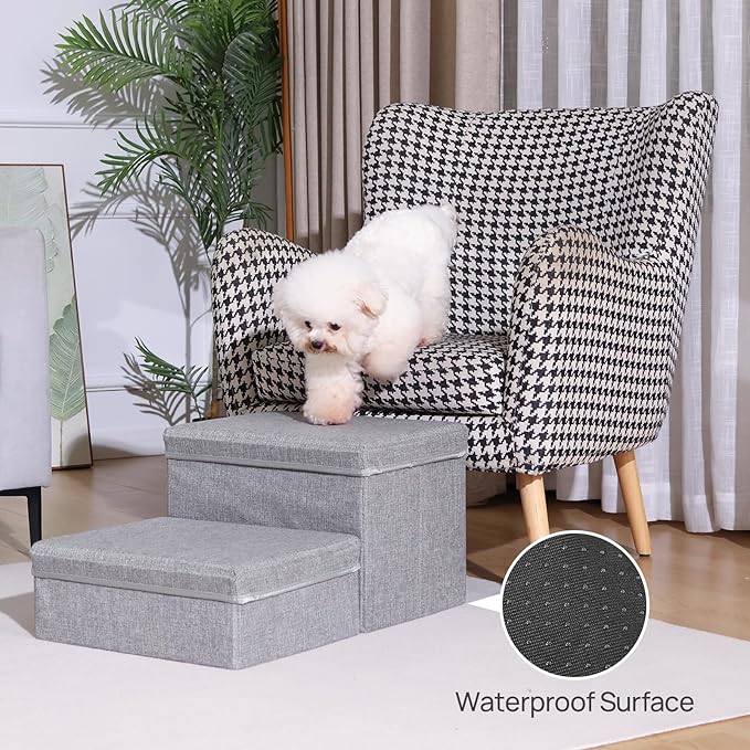 Foldable Dog Stairs/Steps 2-Tier Pet Steps Storage and Adjustable Steps for Small Medium Dogs Pet Steps Storage Stepper for High Beds Sofa Pet Dog Cat (2 Step-Light Grey)-PurrikoPets
