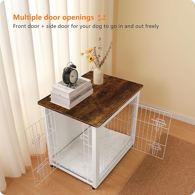 DWANTON Dog Crate Furniture with Cushion, Wooden Kennel Table with Double Doors, Indoor Dog House, Small/Medium/Large Size, 27.2" L, White+Rustic Brown-PurrikoPets